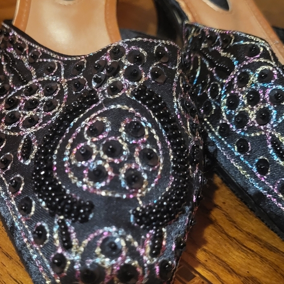 Sweet Kitten Heel Pointed Toe Slip On Mules Black Multicolored Beads Size 7 - Picture 6 of 8